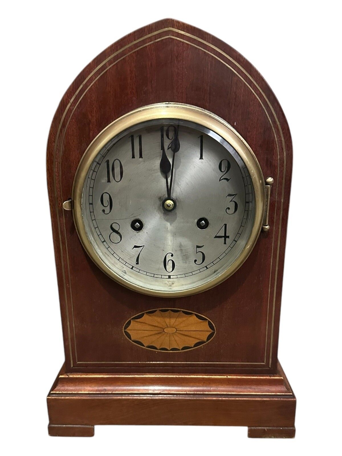 Antique Early Gustav Becker Arched Lancet Brass Inlaid Mantle Clock