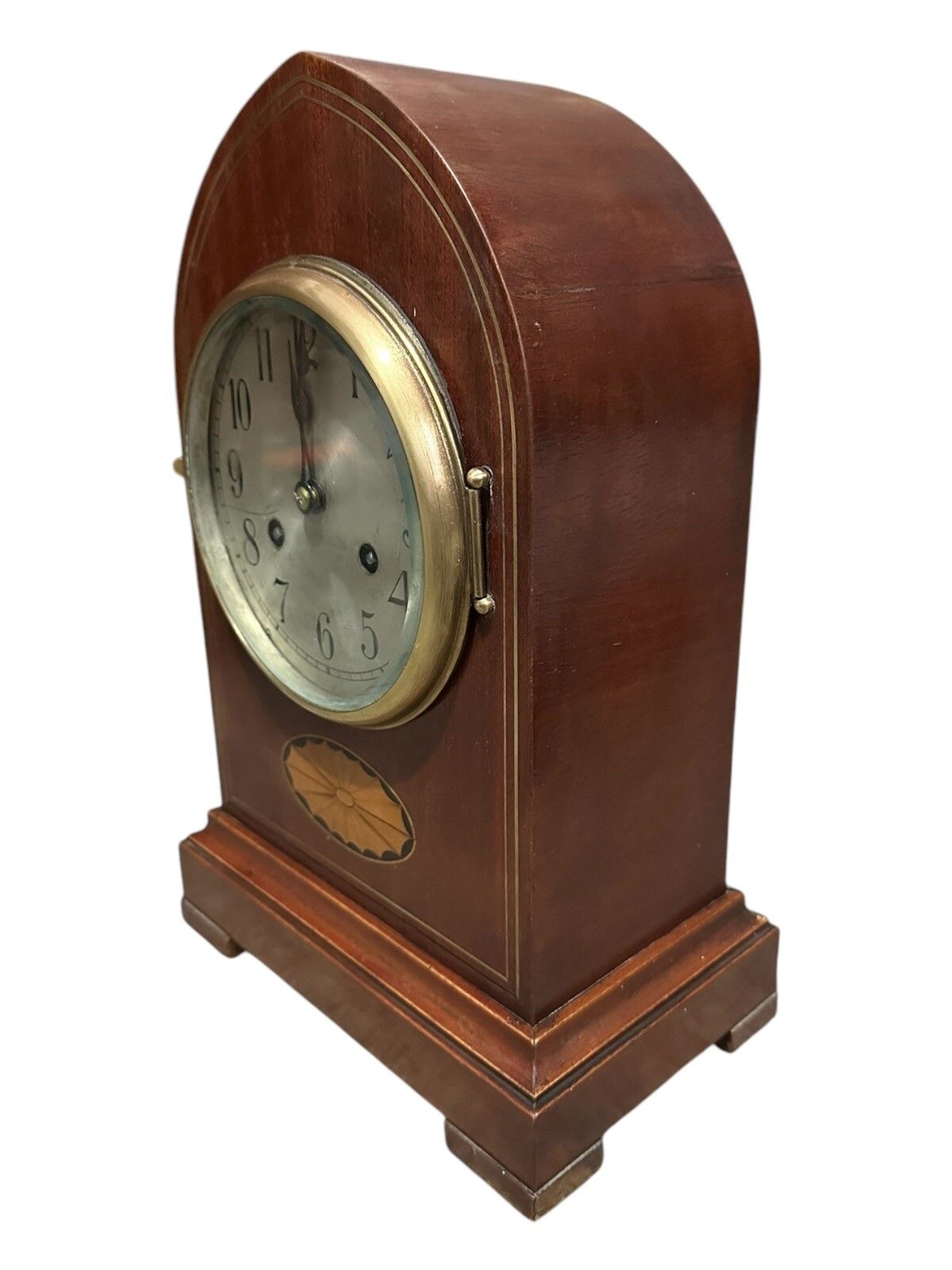 Antique Early Gustav Becker Arched Lancet Brass Inlaid Mantle Clock photo for sale