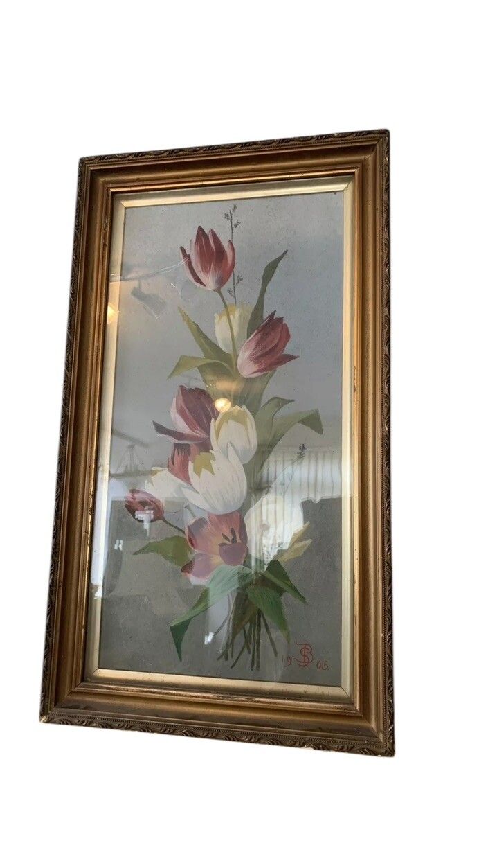 Antique Painting On Canvas Tulips   Ornate Gilt Frame  Signed 70cm By 40cm