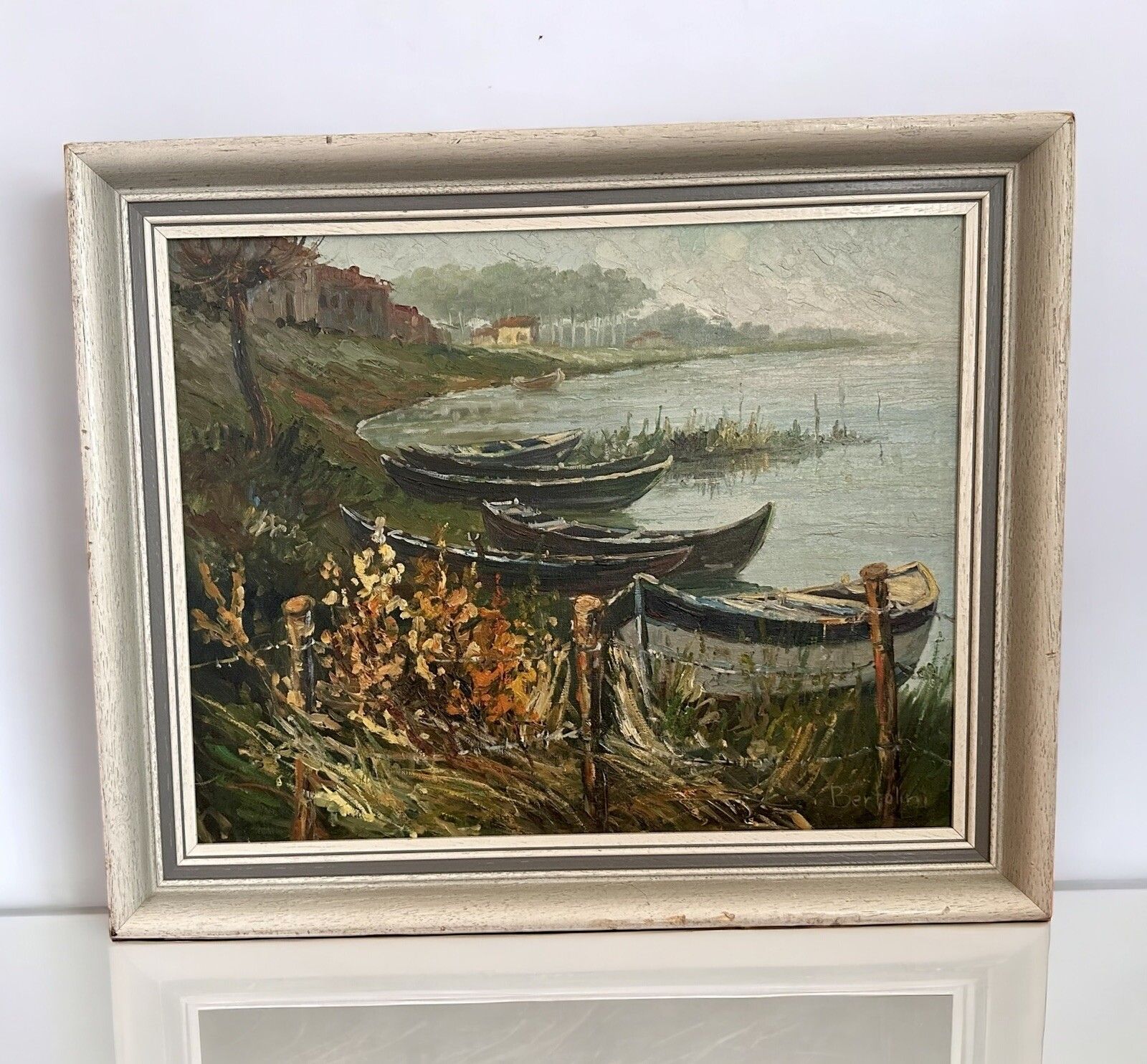 Mid Century Painting  Canvas Nautical Fishing Boat Scene Signed Bertolini photo for sale