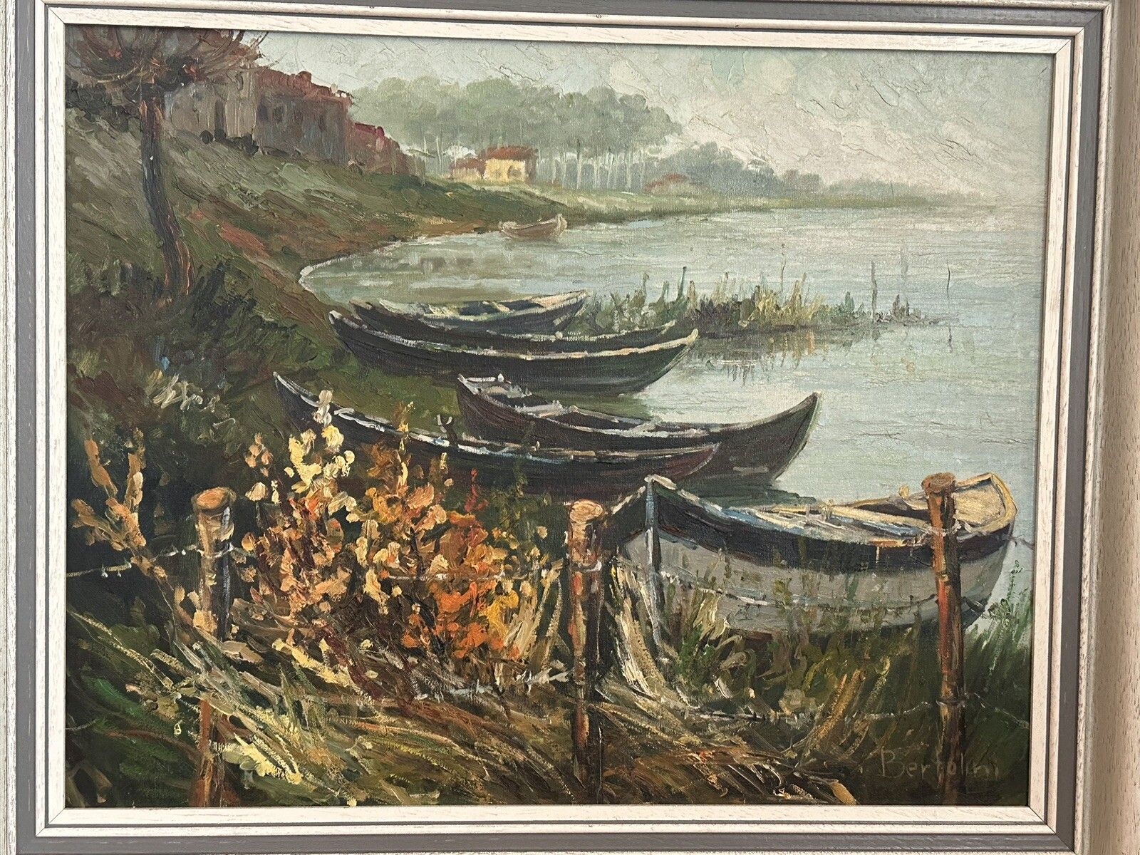 Mid Century Painting  Canvas Nautical Fishing Boat Scene Signed Bertolini photo 150.0