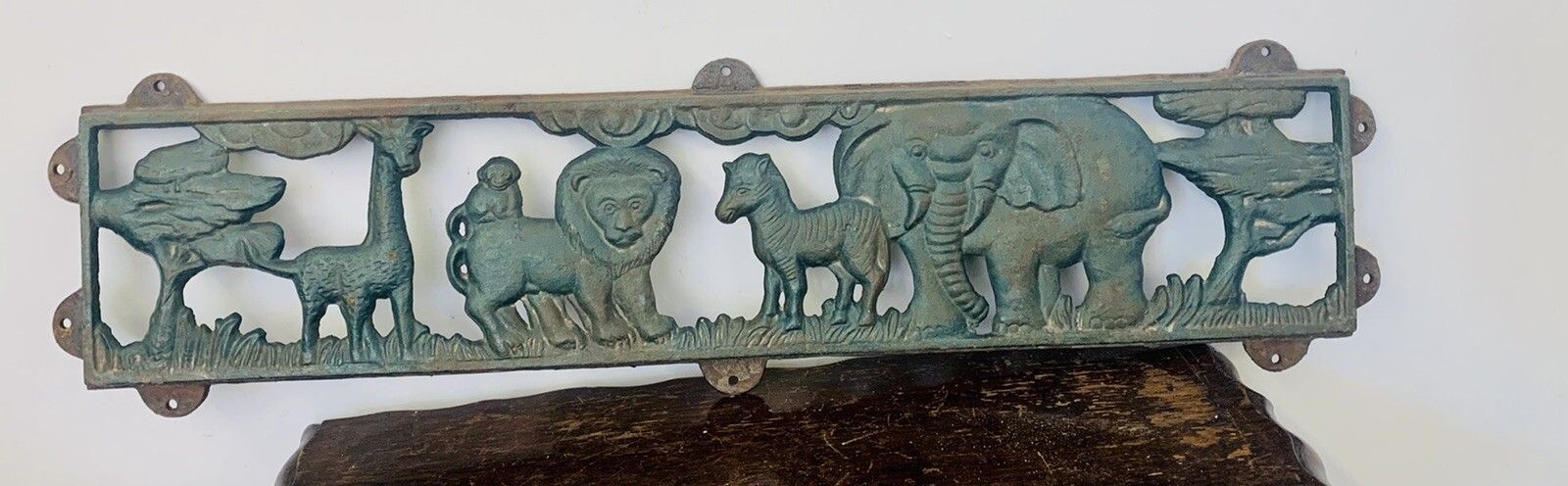 Antique Vintage Cast Iron Metal Zoo Safari Wall Plaque Panel  /  78cm By 20cm photo furniture