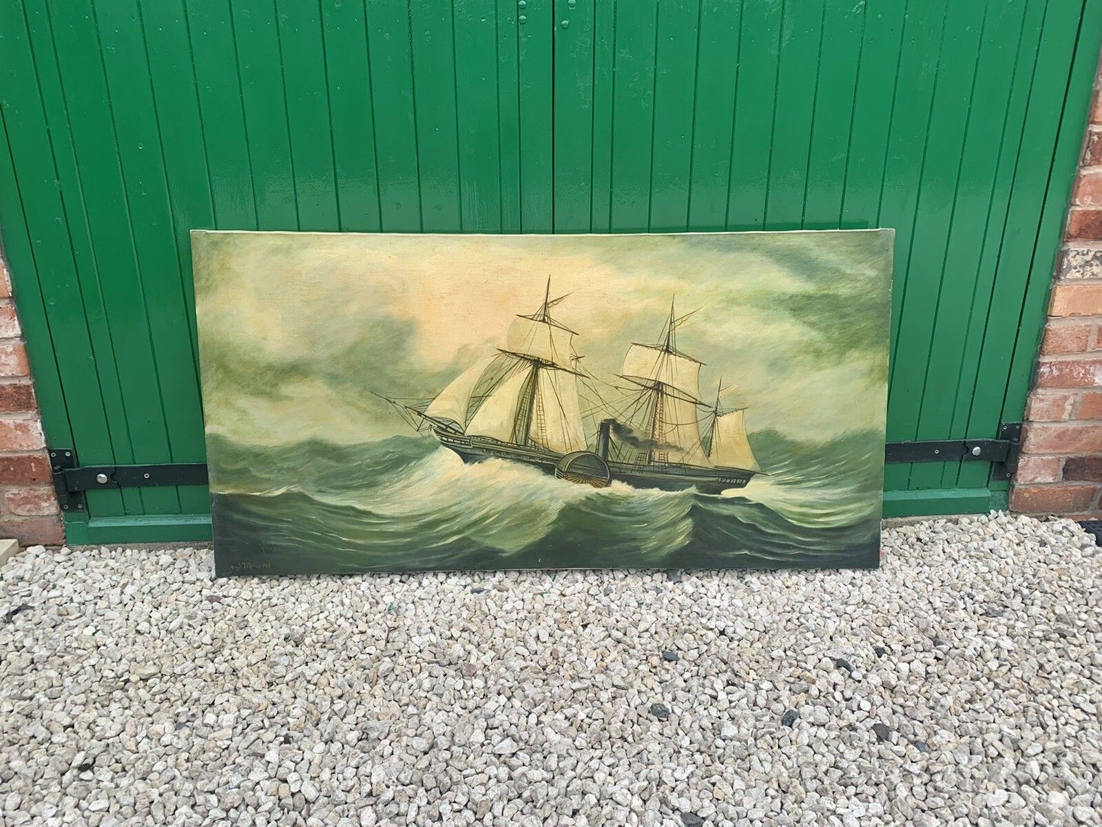 Vintage Original Signed Painting Clipper Galleon Shop Nautical 61.5 By 31”