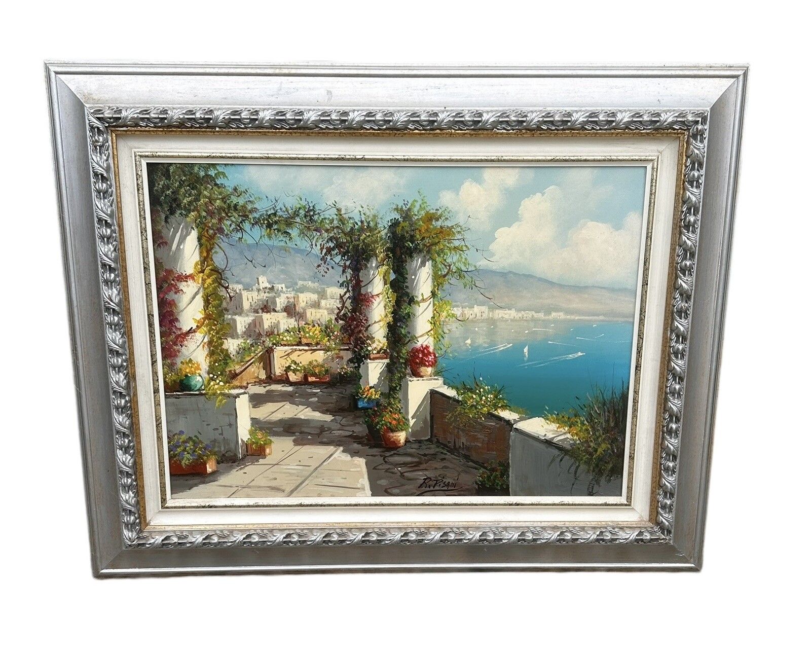 Amalfi Coast Landscape Seascape Bay Of Capri Large '70s Oil Painting 96cm Length photo for sale
