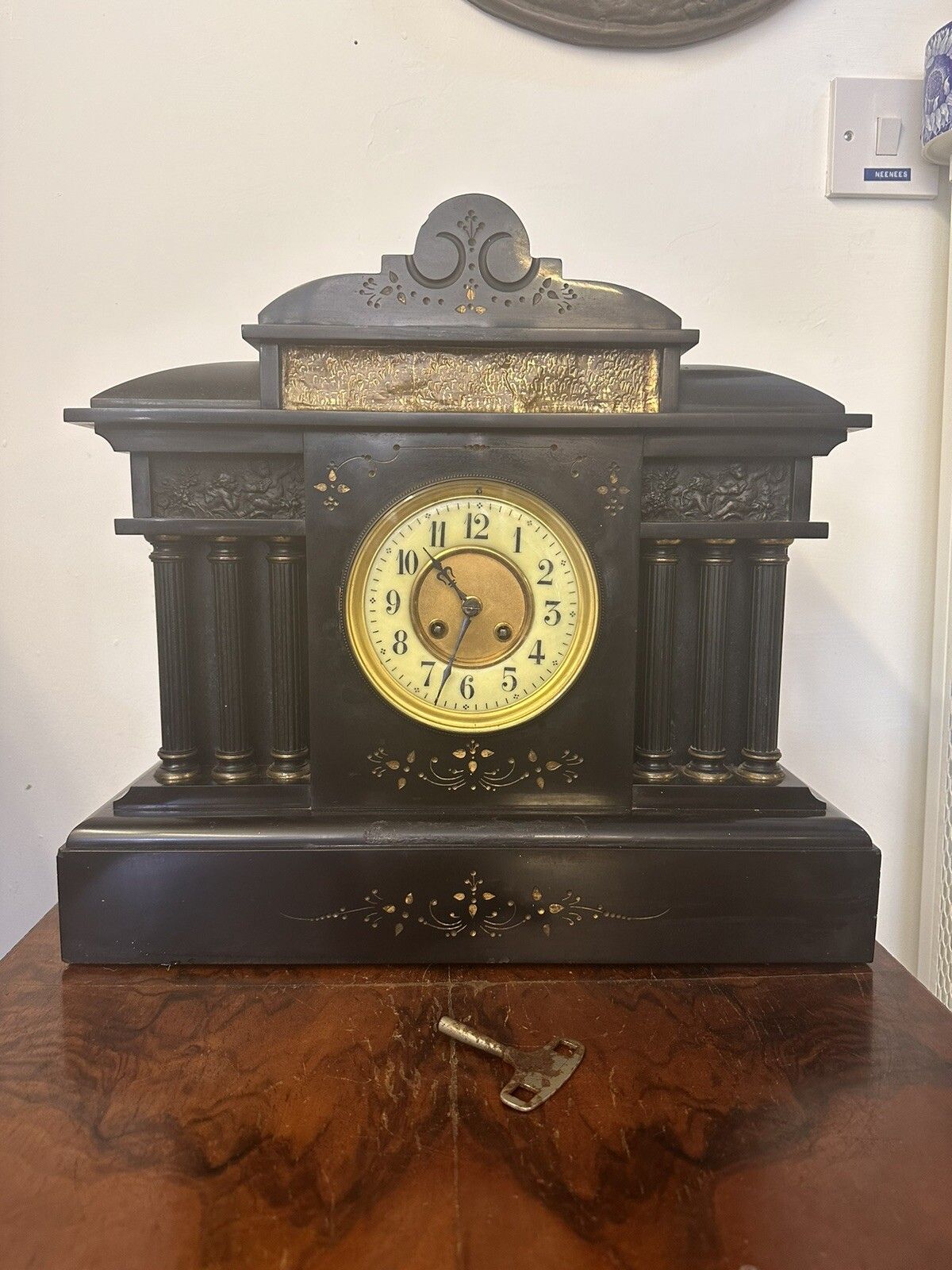 Antique Victorian French Huge Marble Slate Architectural Mantle Clock photo furniture