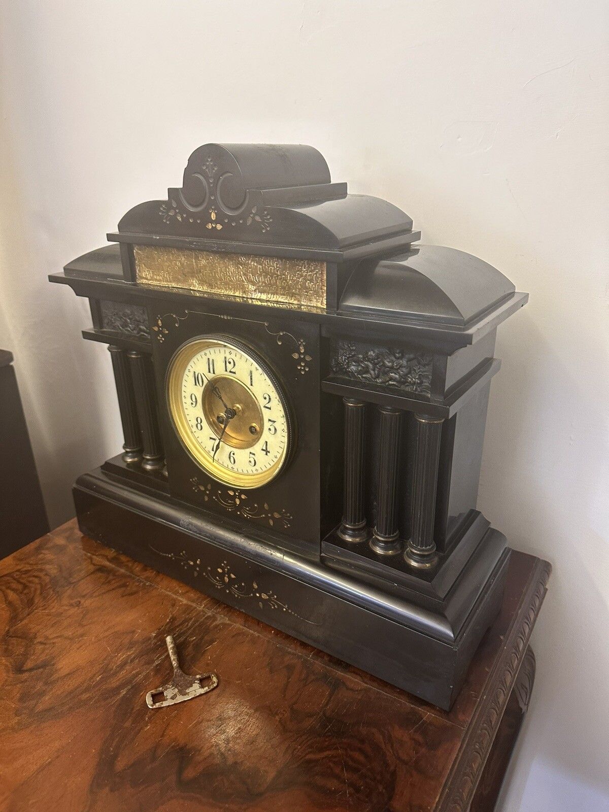 Antique Victorian French Huge Marble Slate Architectural Mantle Clock photo 195.0