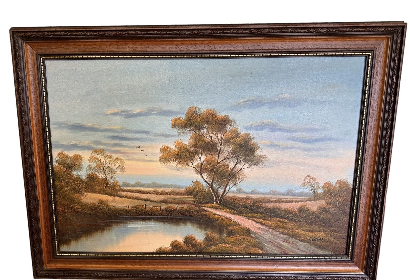 Mid Century Large Oil On Canvas Signed  Landscape Flying Duck Scene 91x66cm photo furniture
