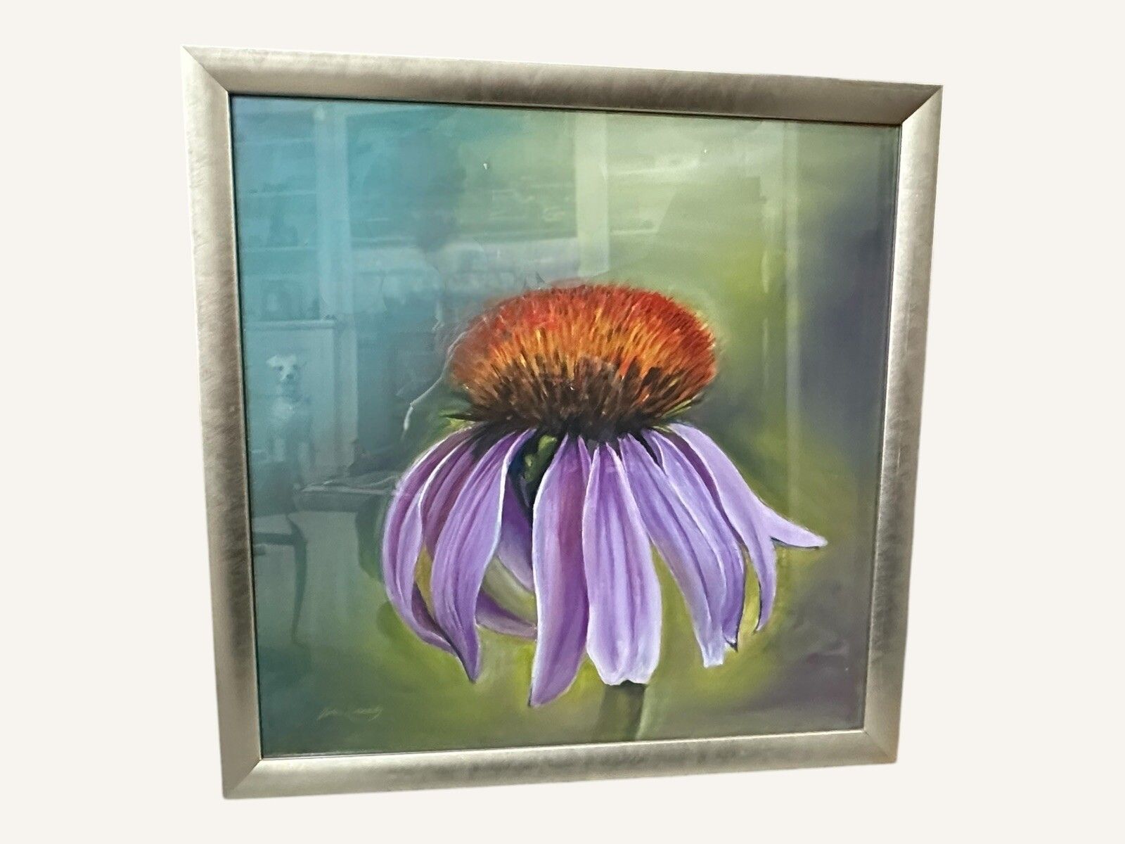 Mid Century Signed Oil On Canvas “Echinacea” By John Kennedy 77cm By 77cm photo furniture