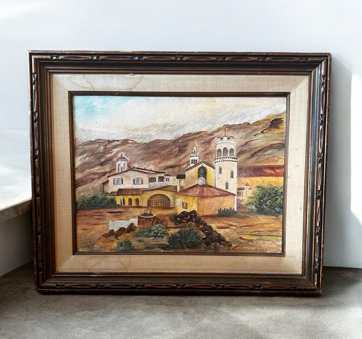 Mid Century Large California Death Valley Scotty's Castle Signed Painting