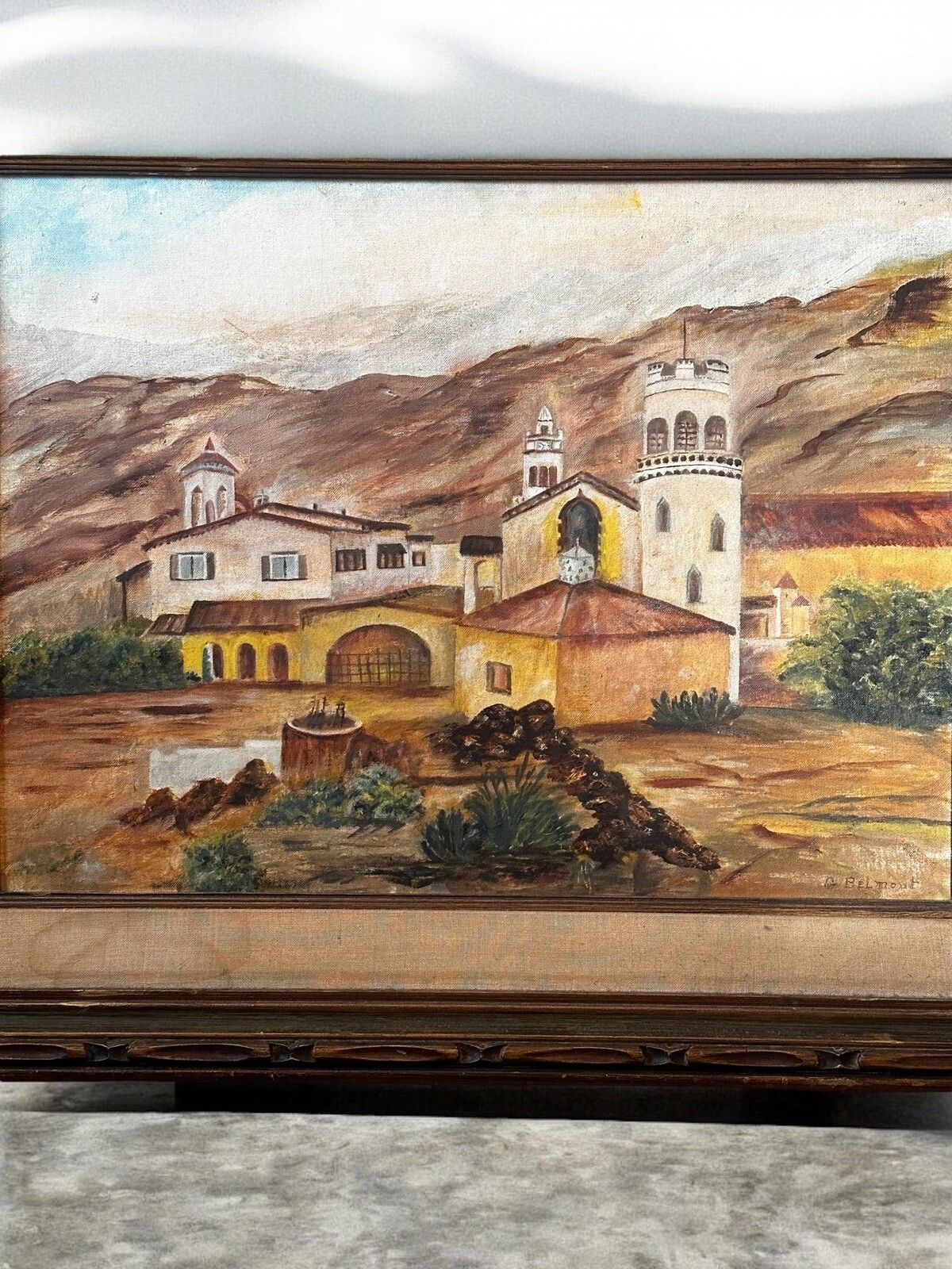 Mid Century Large California Death Valley Scotty's Castle Signed Painting photo furniture