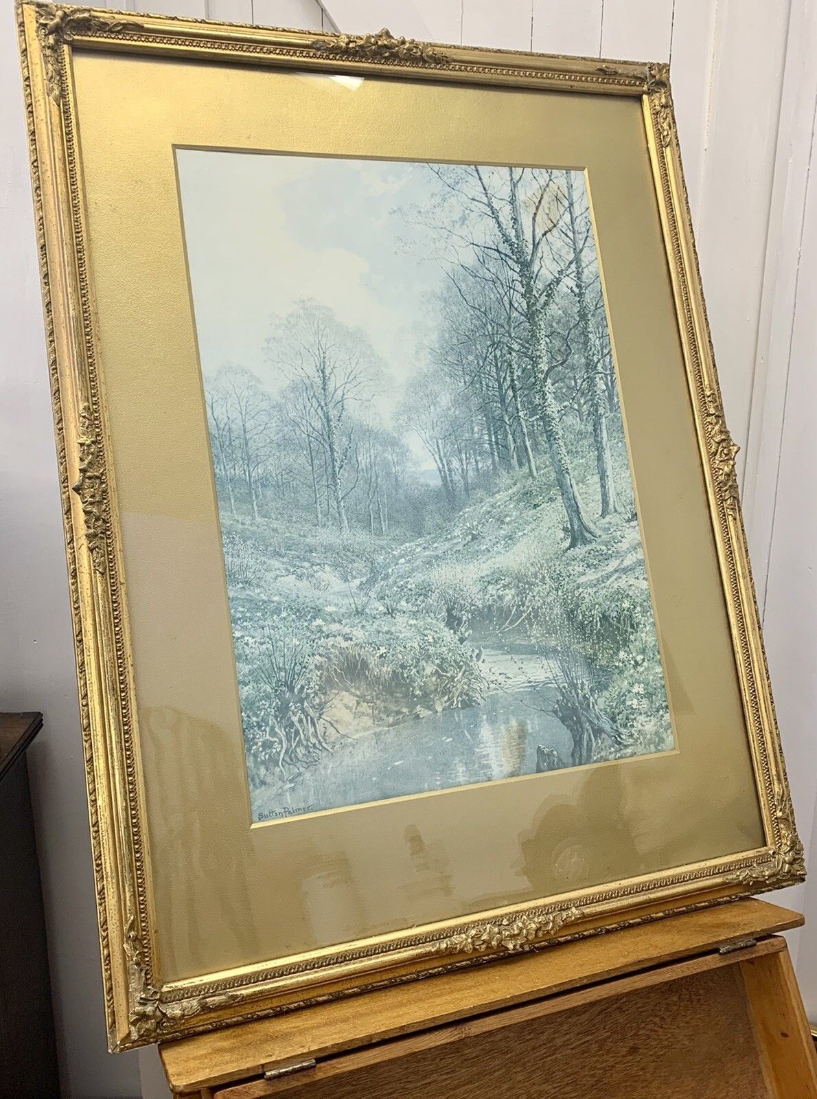 Antique 19c Wooden Gold Gilt Frame Rococo With Antique Print By Sutton Palmer