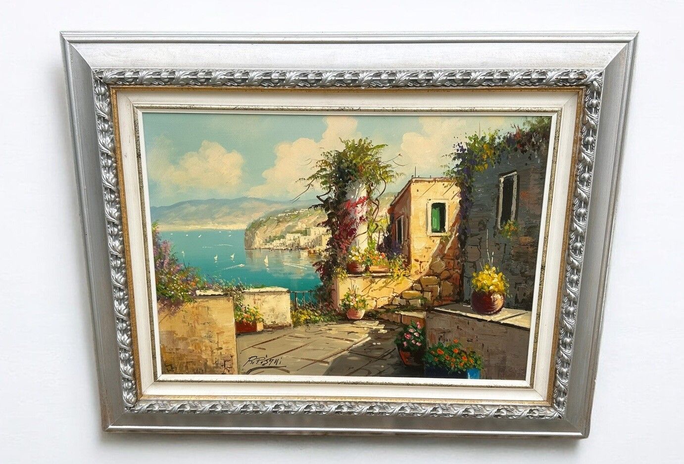 Amalfi Coast Landscape Seascape Bay Of Capri Large '70s Oil Painting 96cm Length photo furniture