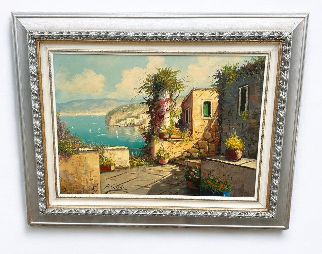 Amalfi Coast Landscape Seascape Bay Of Capri Large '70s Oil Painting 96cm Length photo for sale