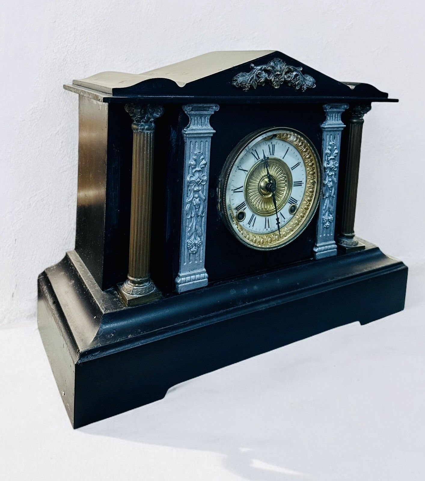 Fabulous Victorian Ansonia Antique Architectural Mock Slate Metal Mantel Clock photo furniture