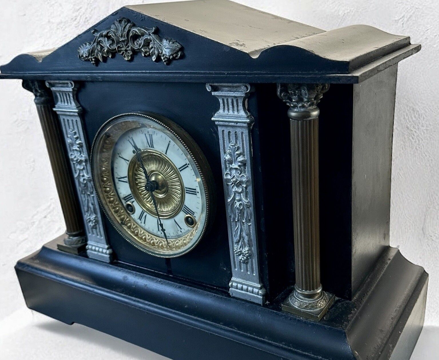 Fabulous Victorian Ansonia Antique Architectural Mock Slate Metal Mantel Clock photo for sale