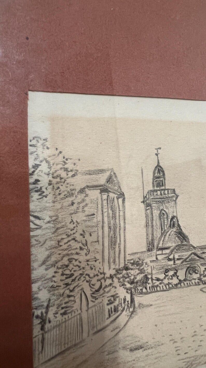 1861 Signed Pencil Drawing Of St. Giles Square – Framed Antique Artwork photo 139.0