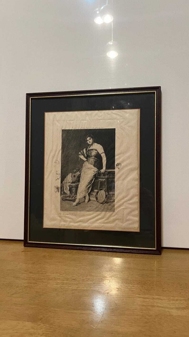 1889 Signed Etching "Tambourine Girl" By Ricardo De Los Ríos – Framed Antique Print