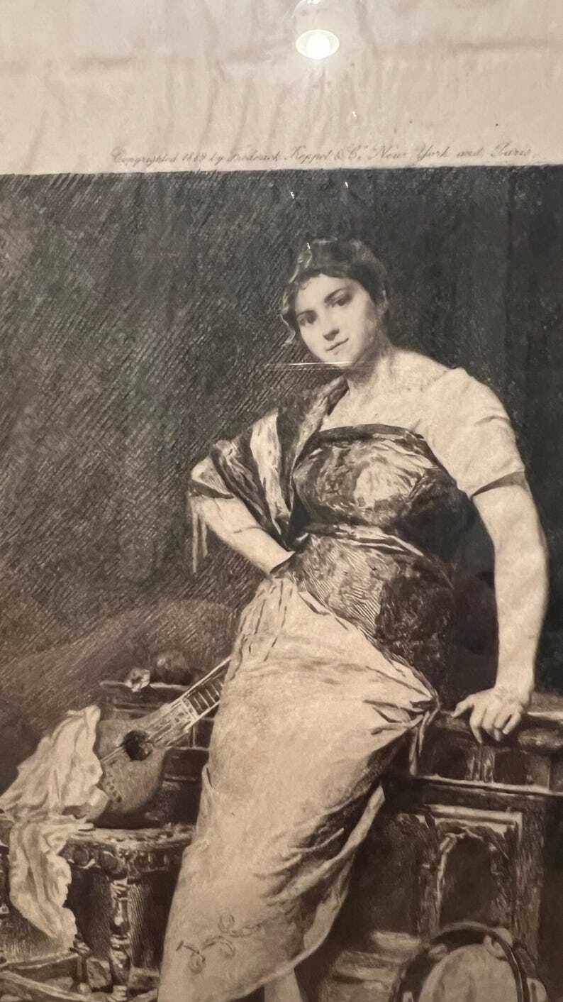 1889 Signed Etching "Tambourine Girl" By Ricardo De Los Ríos – Framed Antique Print photo vintage