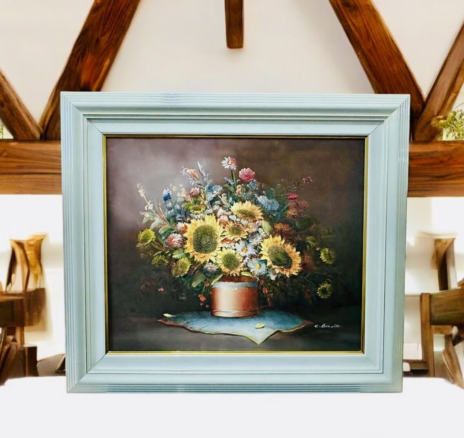 Large Vintage Original Raised Oil On Board Sunflowers By Charles Benolt photo furniture