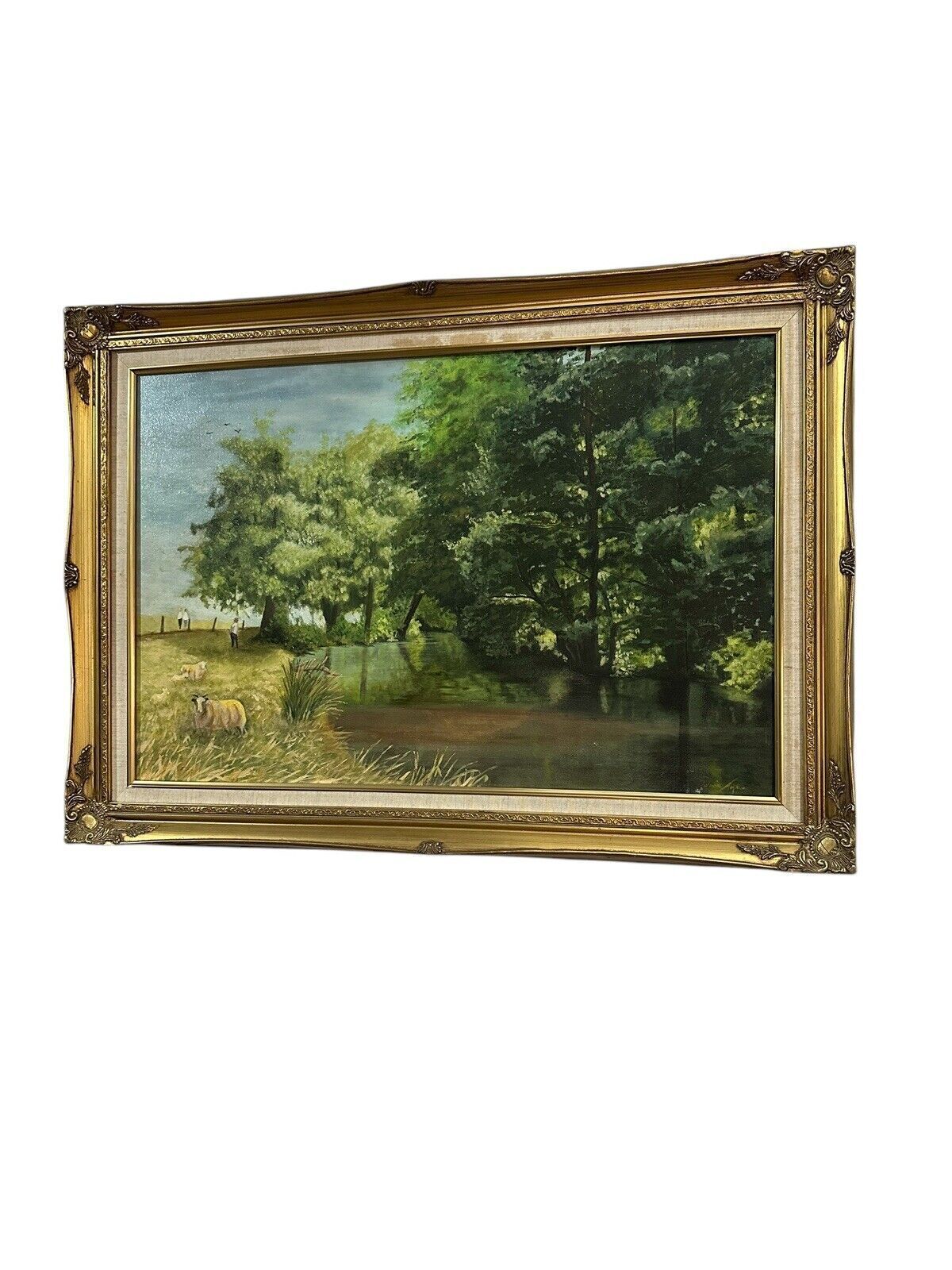 Mid Century Signed Oil On Canvas   Landscape Sheep Scene   90cm By 65cm photo furniture