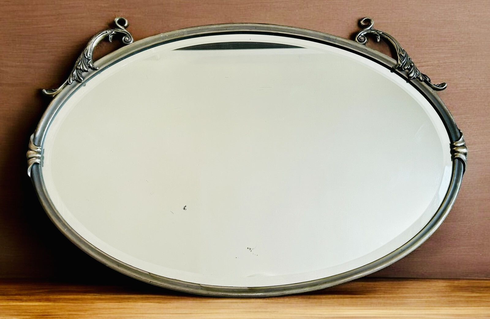 Antique White Metal Bevelled Oval Mirror   C1910 Edwardian Art Deco   80 By 54cm photo furniture