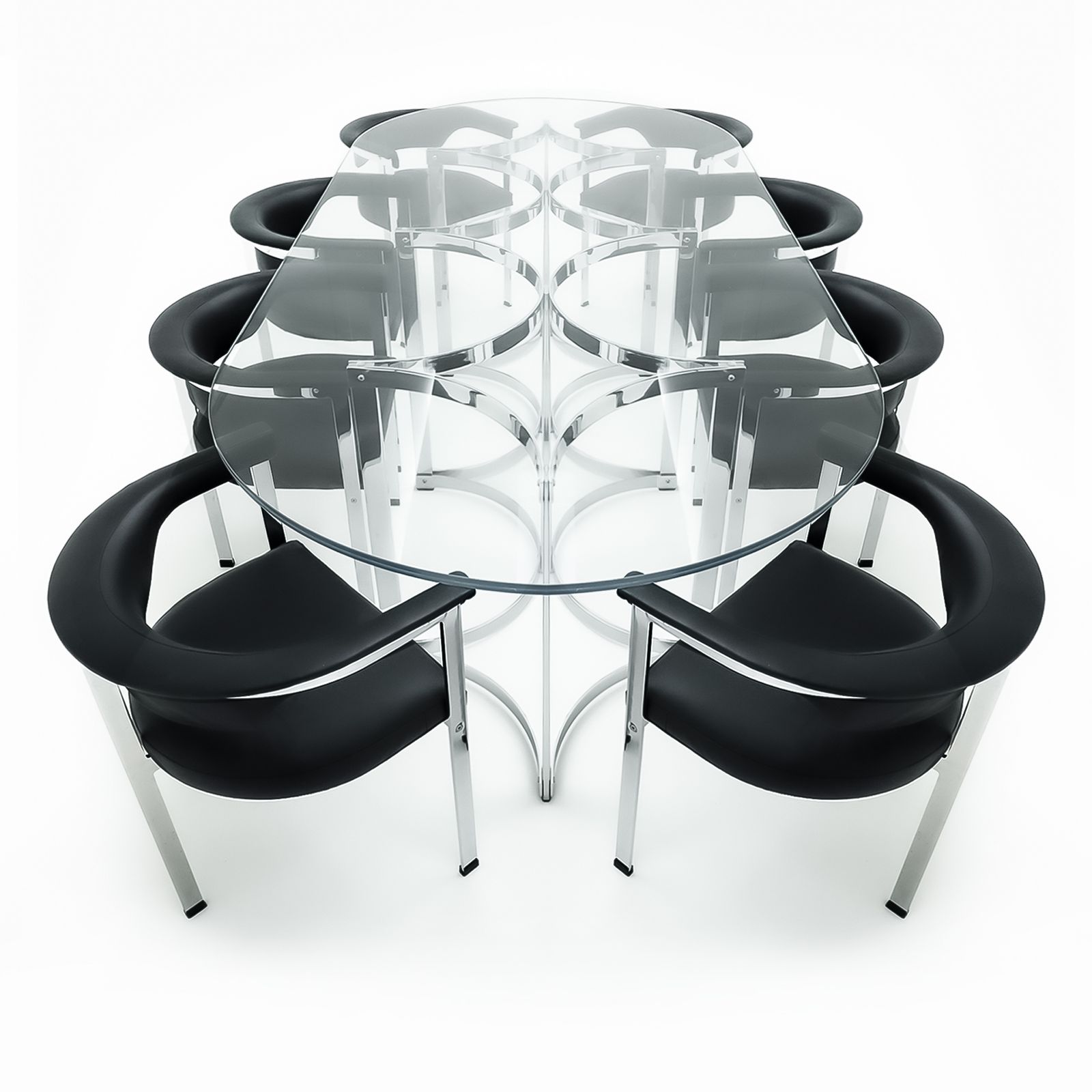 Vintage Chrome And Glass Dining Table And 8 Matching Leather Chairs By Richard Young For Merrow Associates