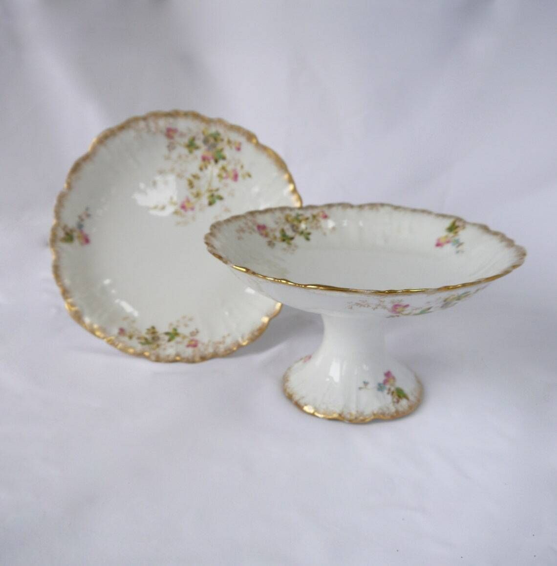 2 Beautiful Vintage Cake Stands Stunning Pair Of French Faience Cake Stands Fruit Stands Floral Ceramic Cake Stands