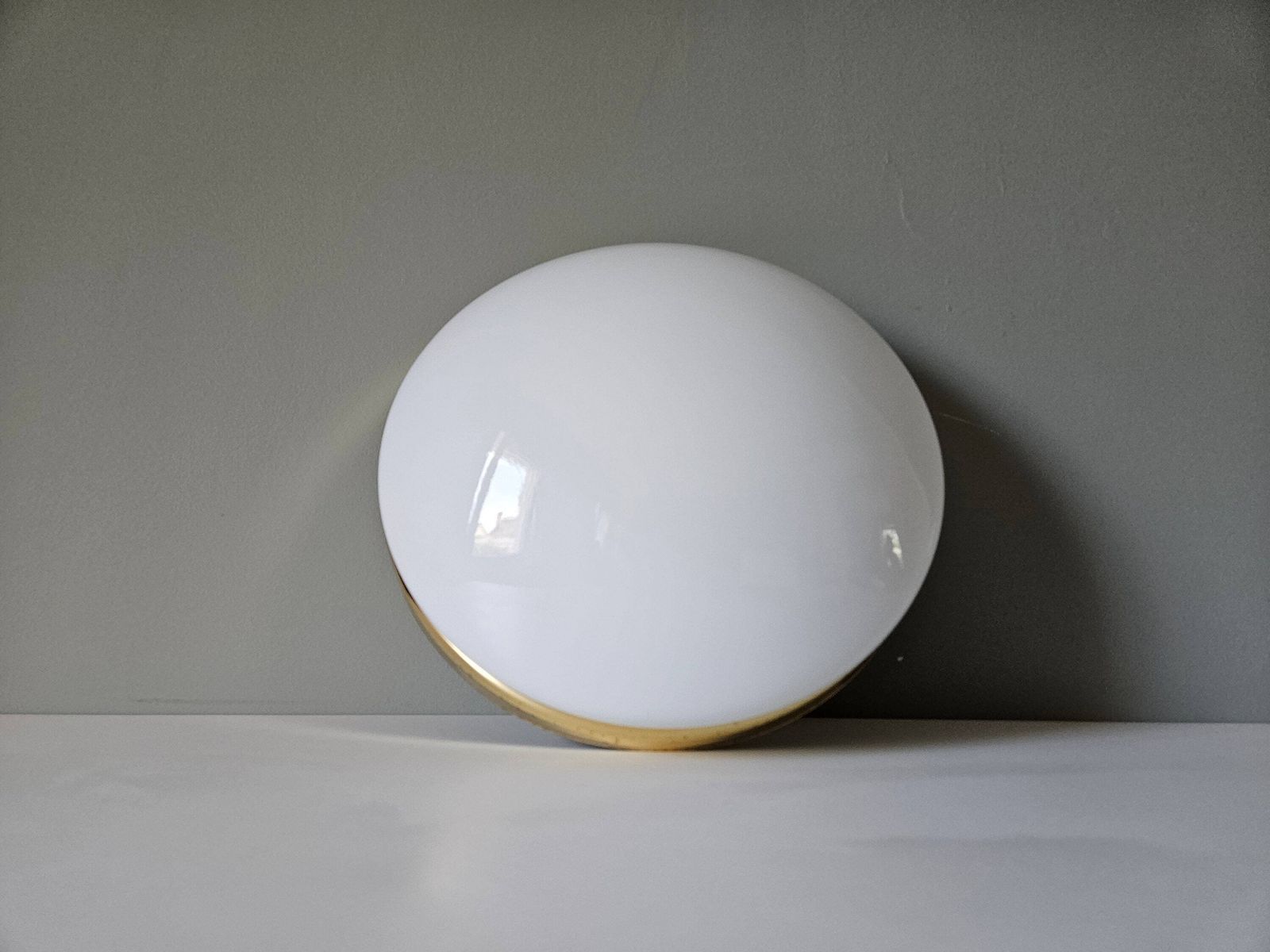 Large Vintage Glass Flush Mount Ceiling Light, Glossy White Glass Wall Lamp, Glass Ceiling Lamp, 80's Lampsp, Brass Lamp photo Lighting