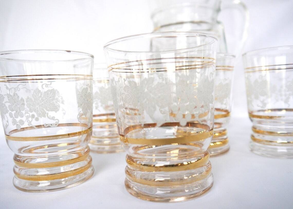 Glass Jug And 6 Tumblers Set Glass Pitcher And 6 Glasses Vine Leaf Pattern Jug And Glasses Pitcher And Drinking Set photo Home Decor