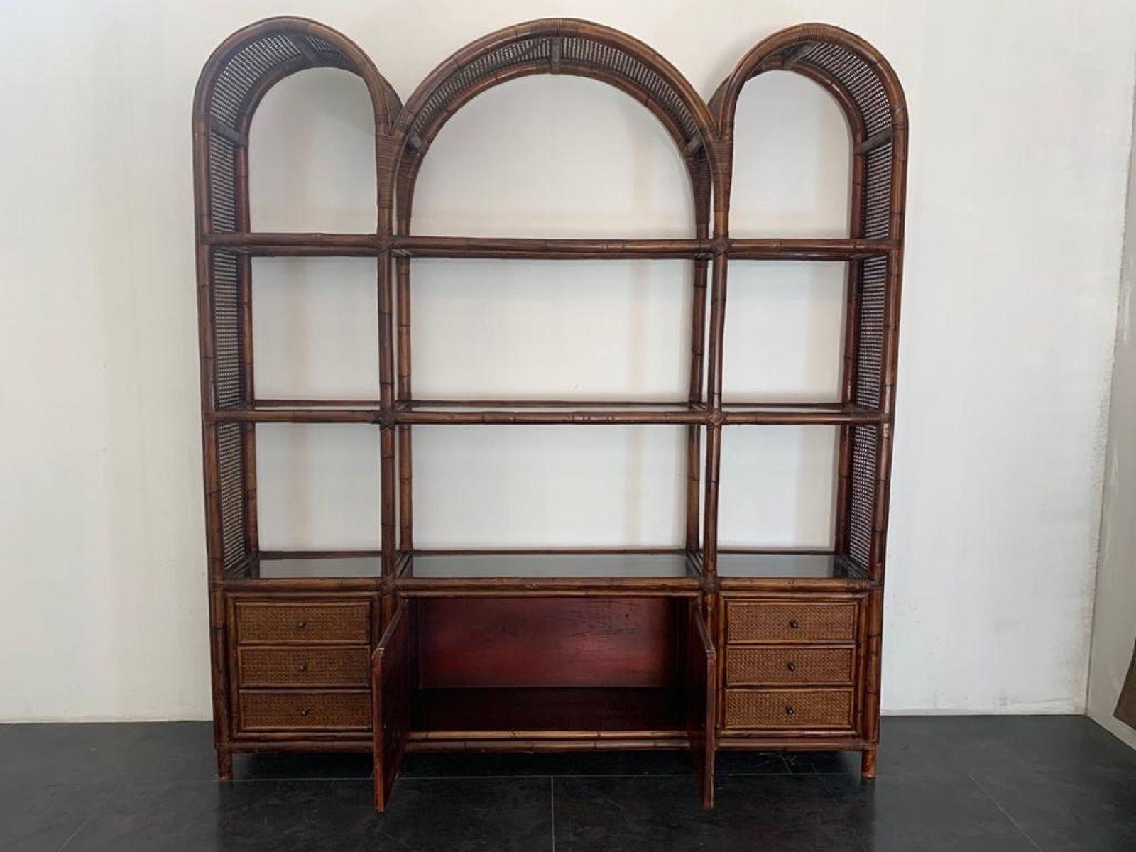 Bookcase In Malacca Rattan And Crystal By Vivai Del Sud, 1970s photo vinterior