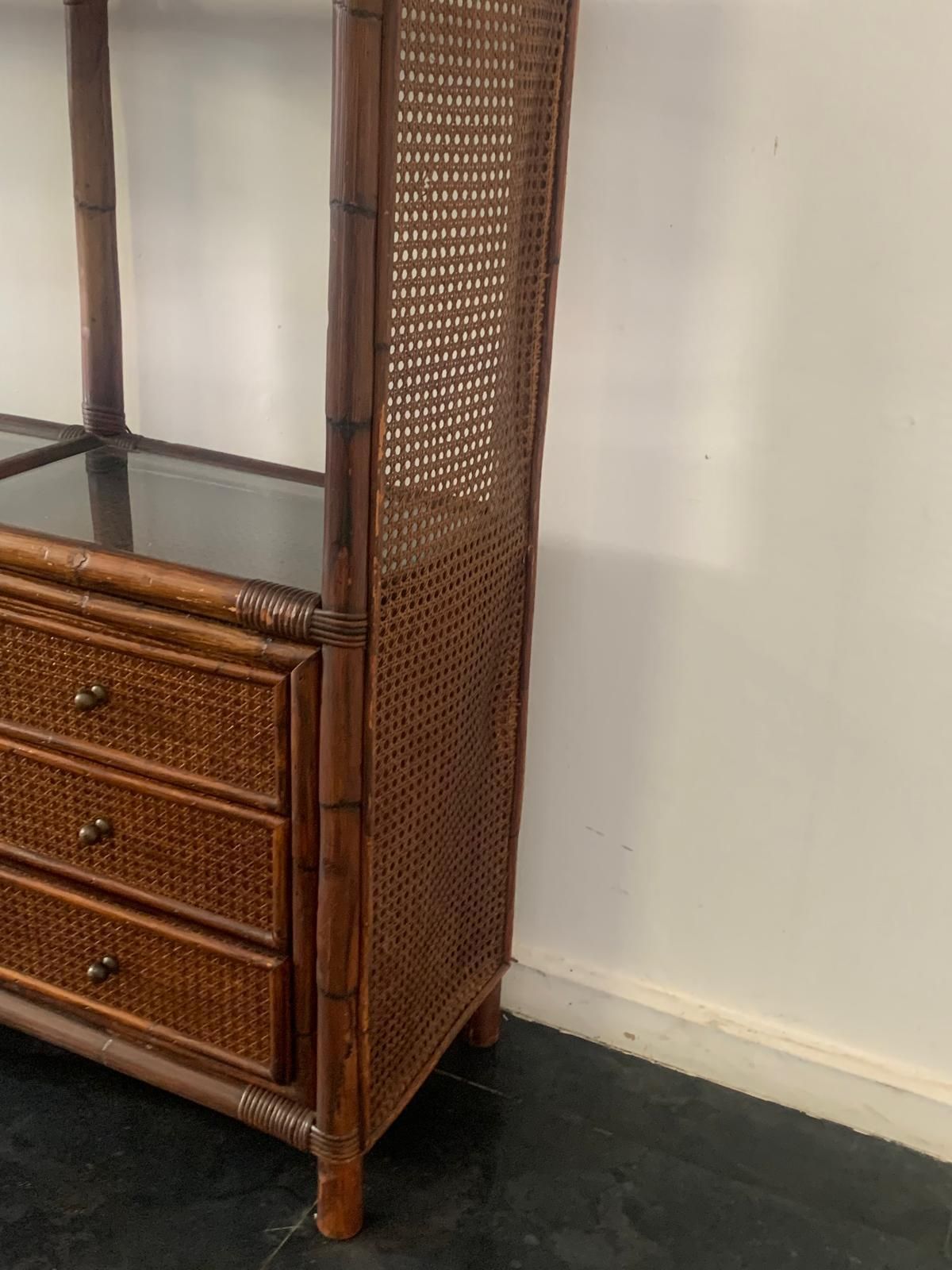 photo vinterior Bookcase In Malacca Rattan And Crystal By Vivai Del Sud, 1970s