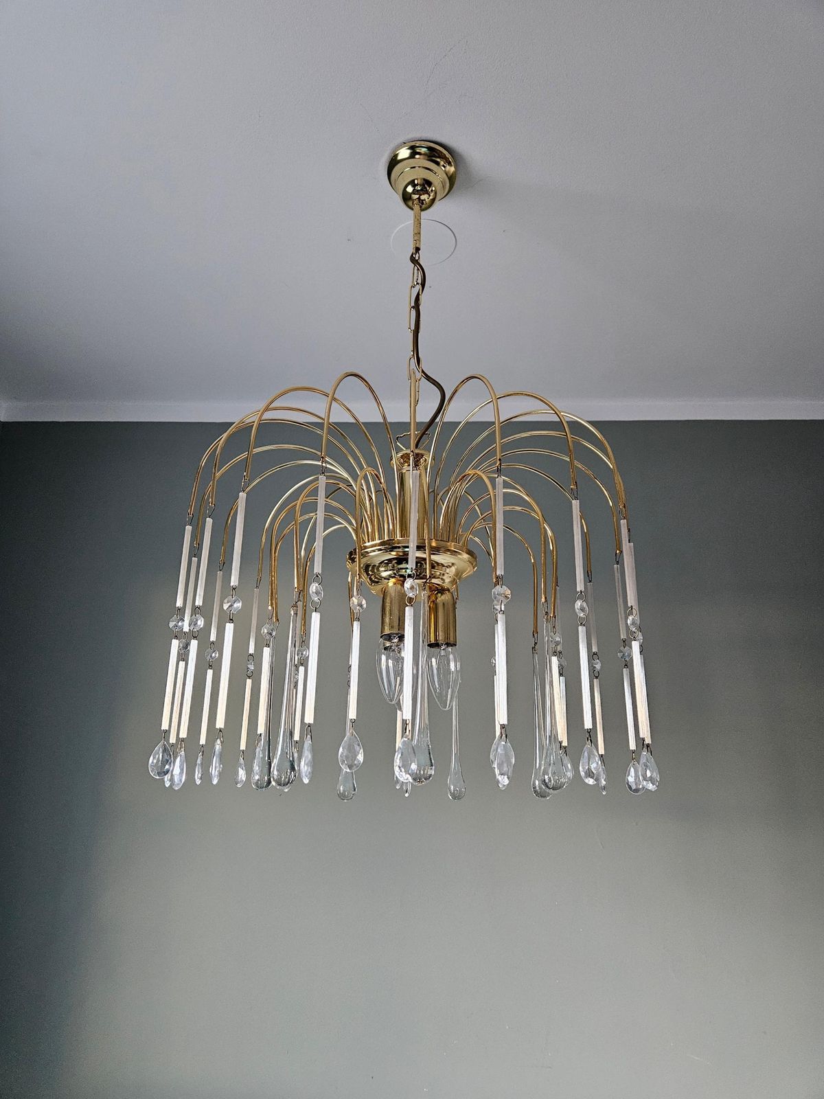 Vintage Crystal Murano Glass Ceiling Light, Mid Century Paolo Venini Waterfall Chandelier, Teardrops Crystal Chandelier, Pendant Lamp photo Lighting