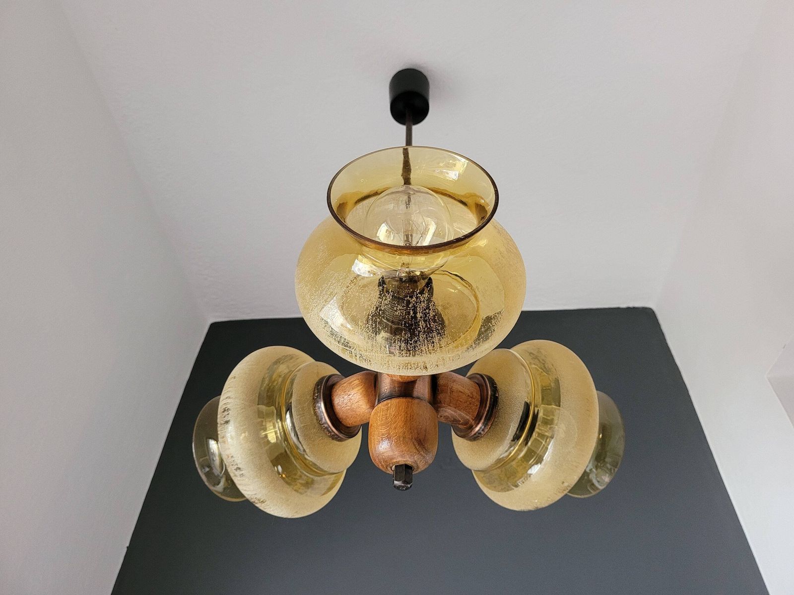 Mid Century Modern Ceiling Lamp, Amber Glass Globe Chandelier, Pendant Light, Copper And Wood, 70's Yugoslavia, Vintage Light, Mcm