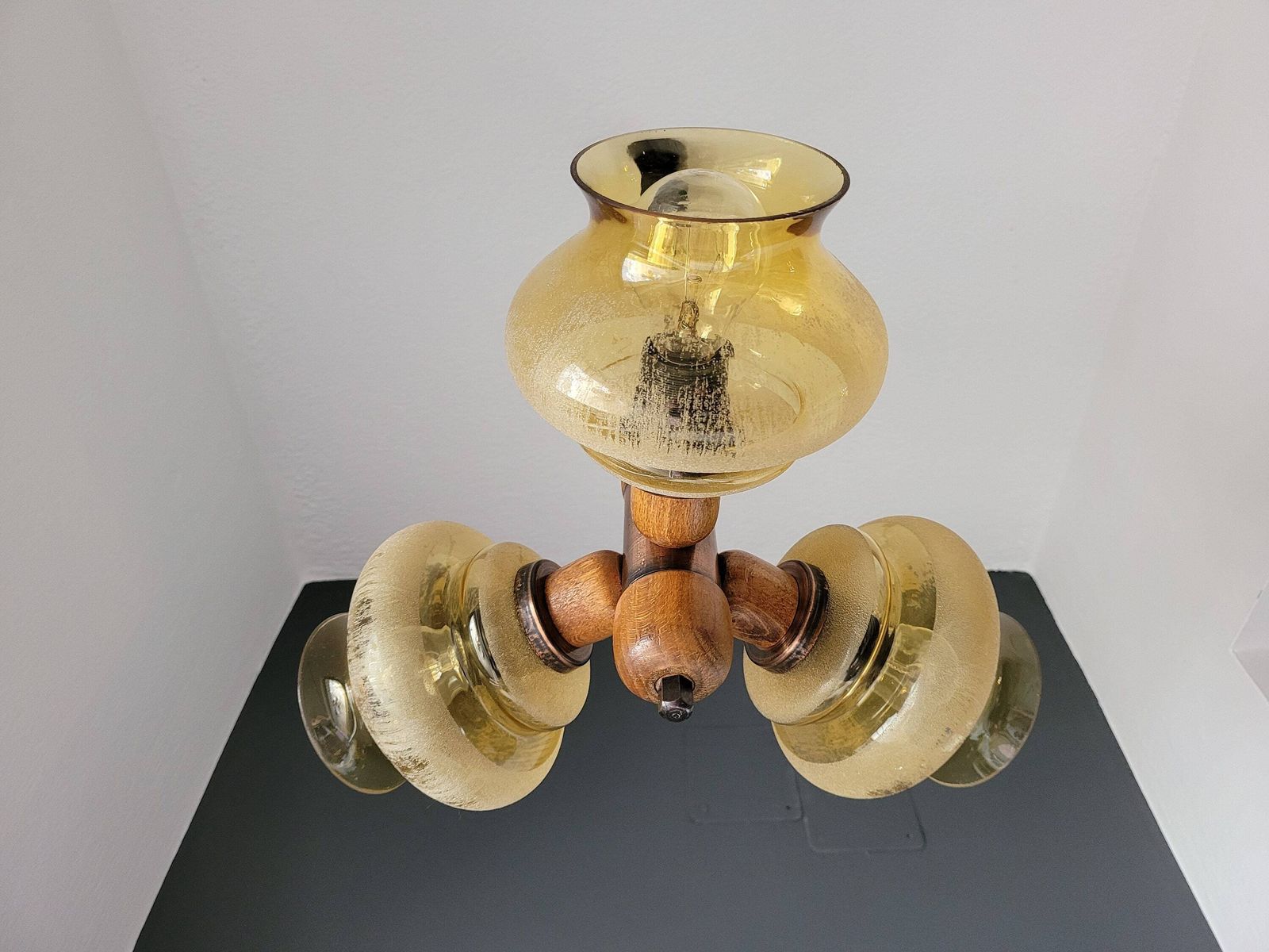 Mid Century Modern Ceiling Lamp, Amber Glass Globe Chandelier, Pendant Light, Copper And Wood, 70's Yugoslavia, Vintage Light, Mcm photo vintage