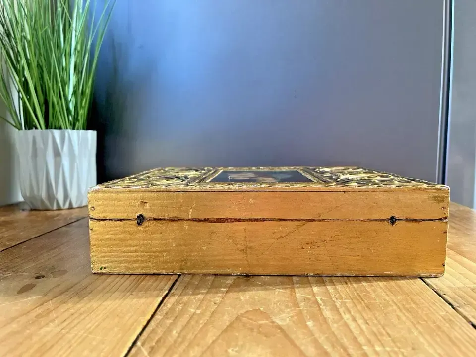 photo furniture Florentine Giltwood Madonna Del Granduca Italian Brutalist Wooden Jewellery Box