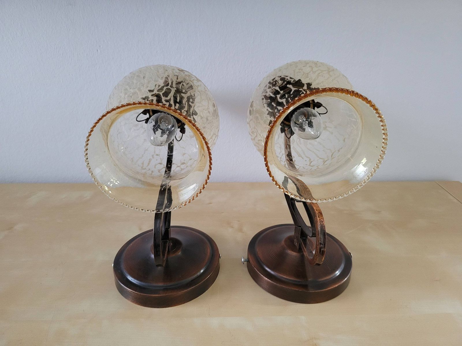 Set Of 2 Vintage Wall Lamps, Wall Sconces Pair, Bedside Lights, Copper Lamp, Glass Lamp, Mid Century Lamp, Yugoslavia 80's, Vintage Light photo vintage