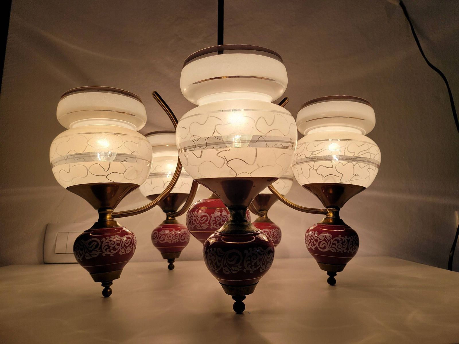 Vintage Chandelier, 5 Arm Brass Ceramic And Glass Ceiling Lamp, Vintage Light Fixture, 70s Pendant Light, Mid Century Modern Lamp, Mcm photo furniture