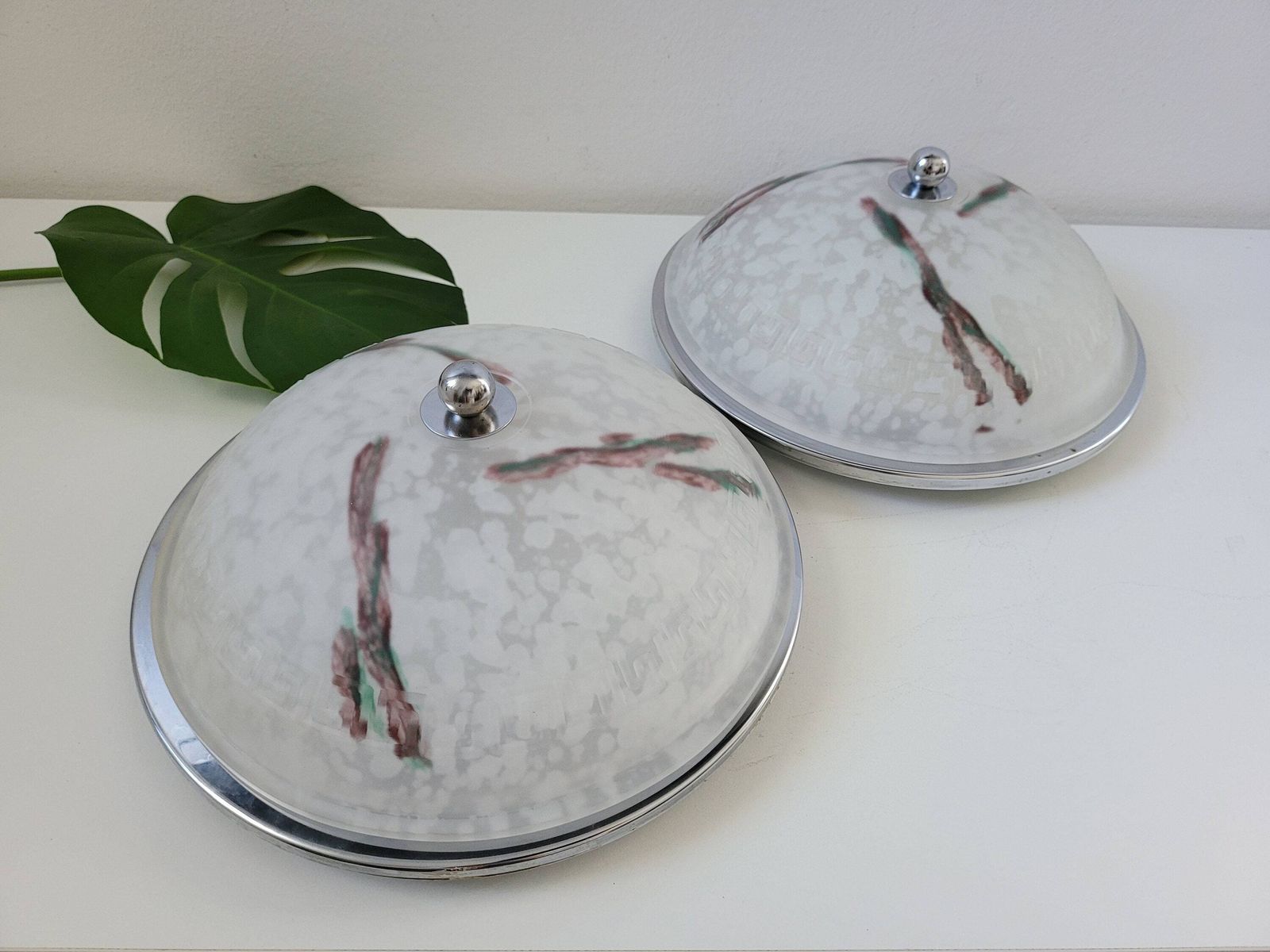 photo for sale Set Of 2 Large Round Glass Flush Mount Lights / Vintage Ceiling Lights / Wall Lamp Pair / White Glass Sconces / 80's Wall Lamps
