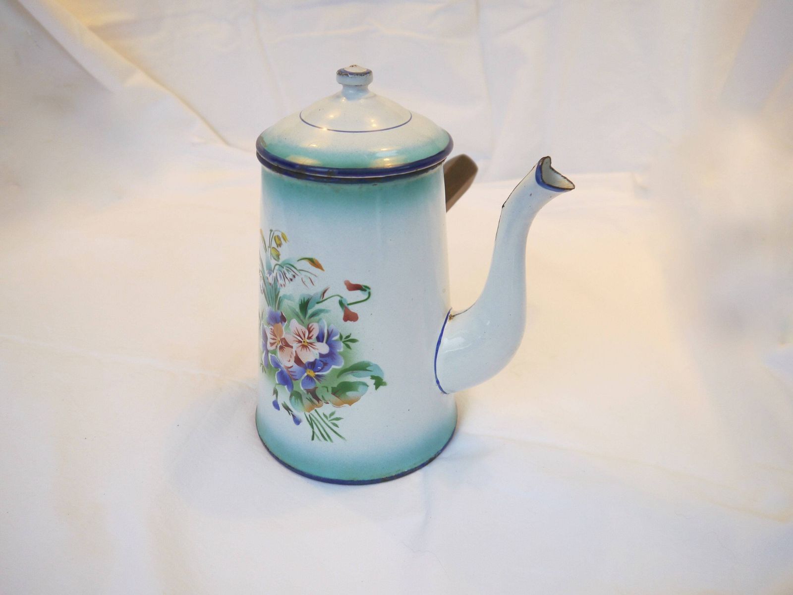 Enamel Floral Coffee Pot, French Vintage Flower Motif Coffee Pot, Enamelled Antique Cafetiere