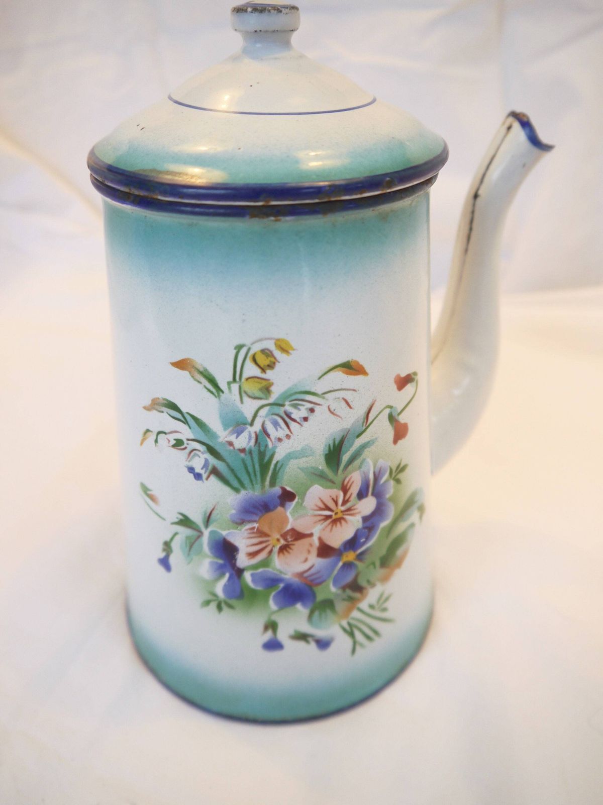 Enamel Floral Coffee Pot, French Vintage Flower Motif Coffee Pot, Enamelled Antique Cafetiere photo for sale