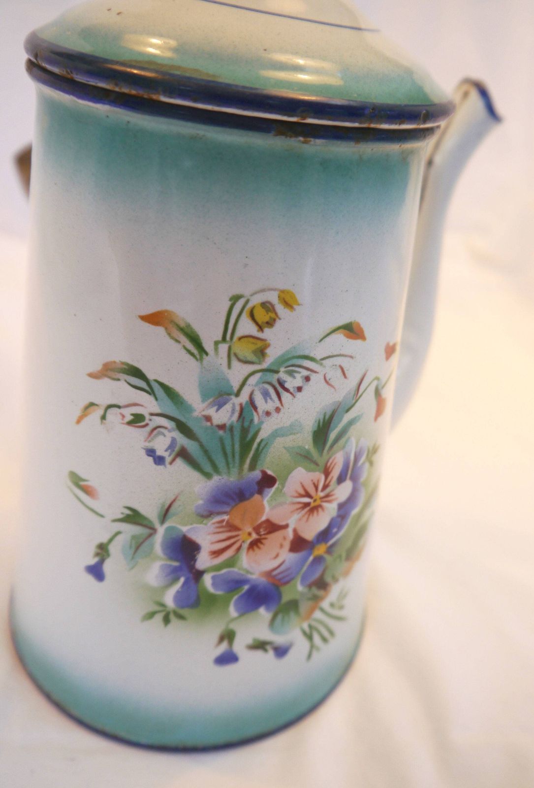 photo furniture Enamel Floral Coffee Pot, French Vintage Flower Motif Coffee Pot, Enamelled Antique Cafetiere