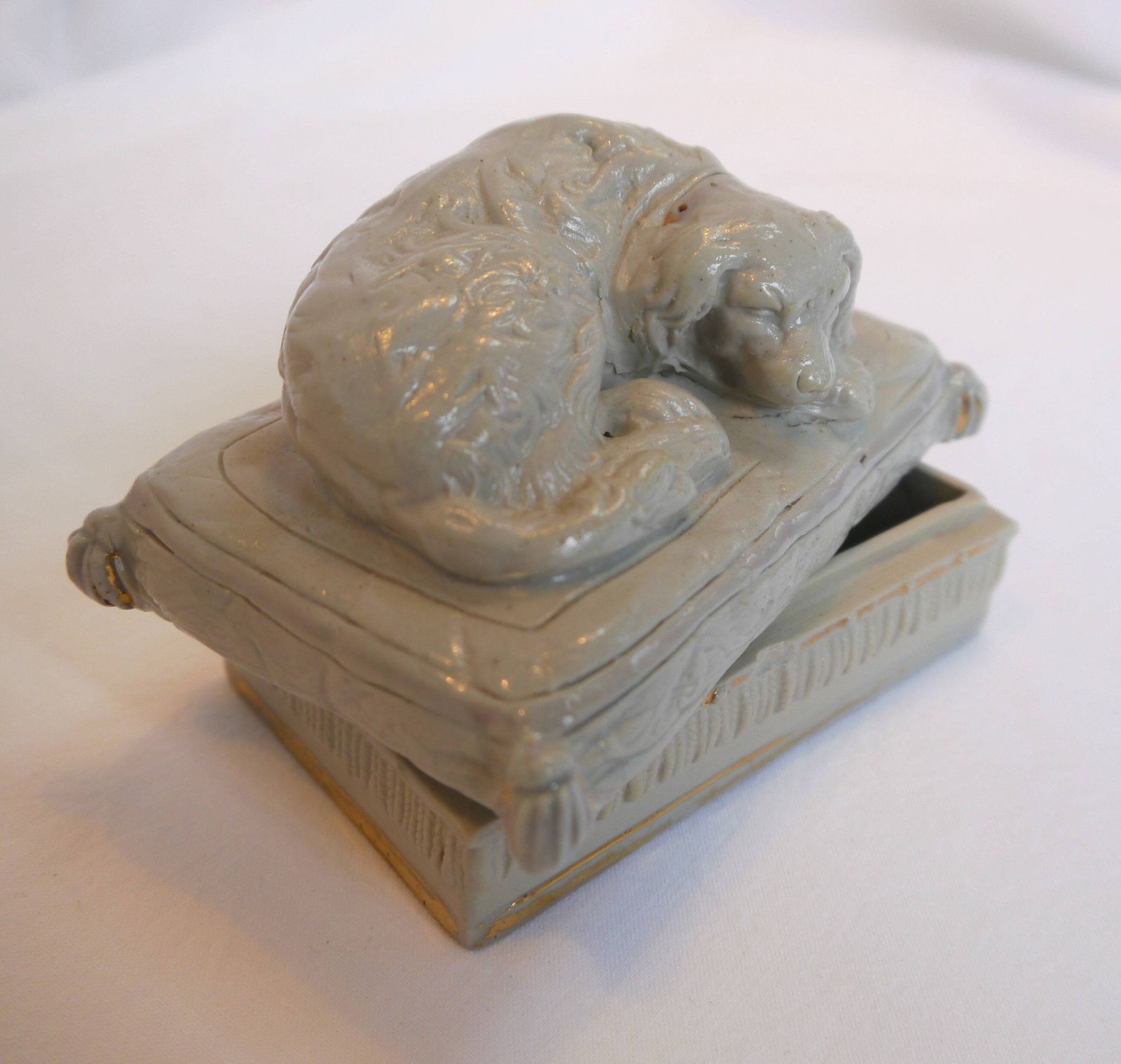 Sleeping Dog Lidded Pot, Spaniel Heavy Pottery Trinket Dish, Lidded Dish With Dog Design, Dog Ornament Dish photo furniture