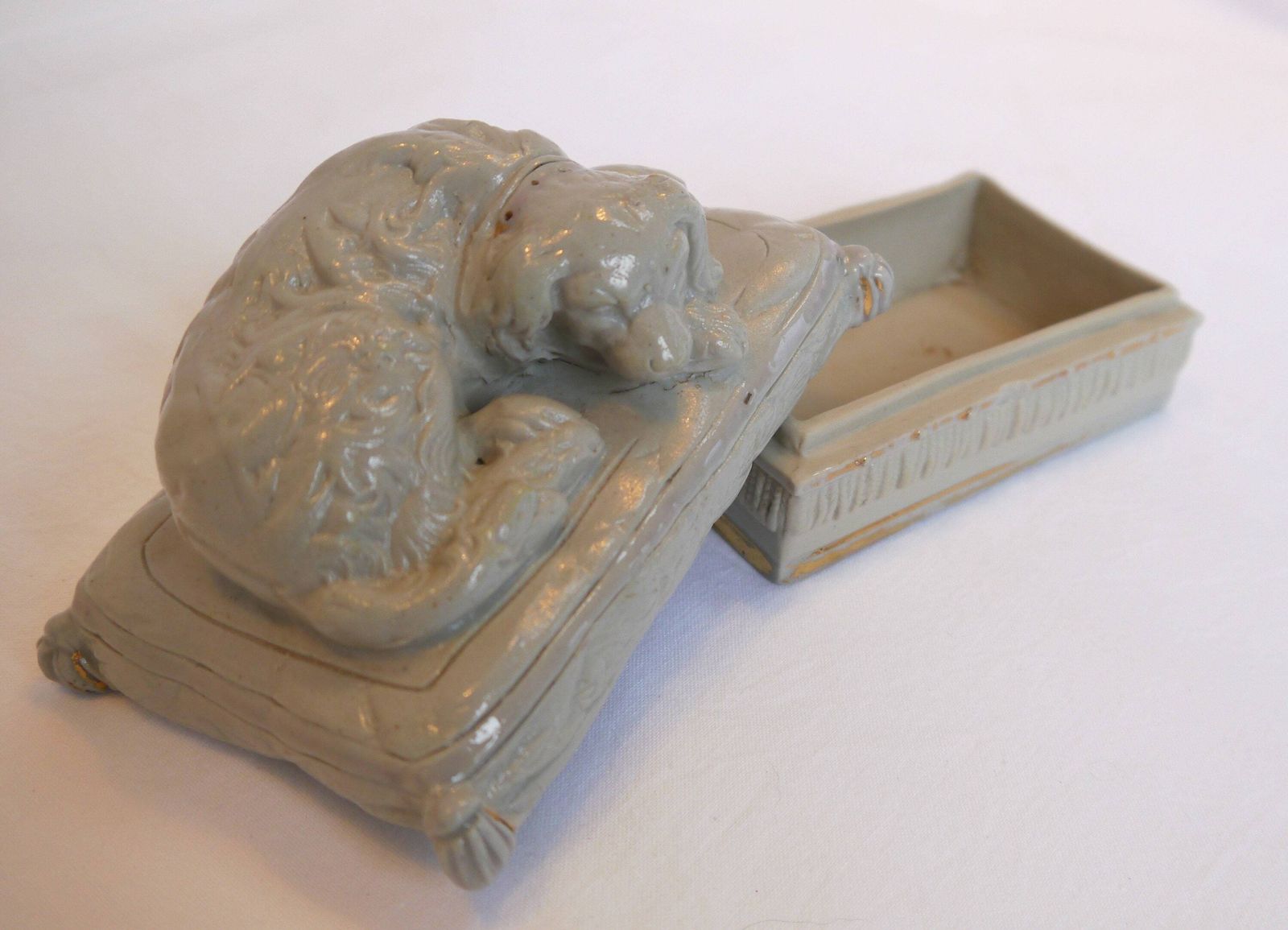 Sleeping Dog Lidded Pot, Spaniel Heavy Pottery Trinket Dish, Lidded Dish With Dog Design, Dog Ornament Dish photo buy