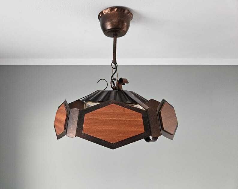 Vintage Ceiling Light, Brutalist Wood Copper Pendant Light, Glass Chandelier, Mid Century Modern Lamp, Rustic Lamp, Retro Lighting photo for sale