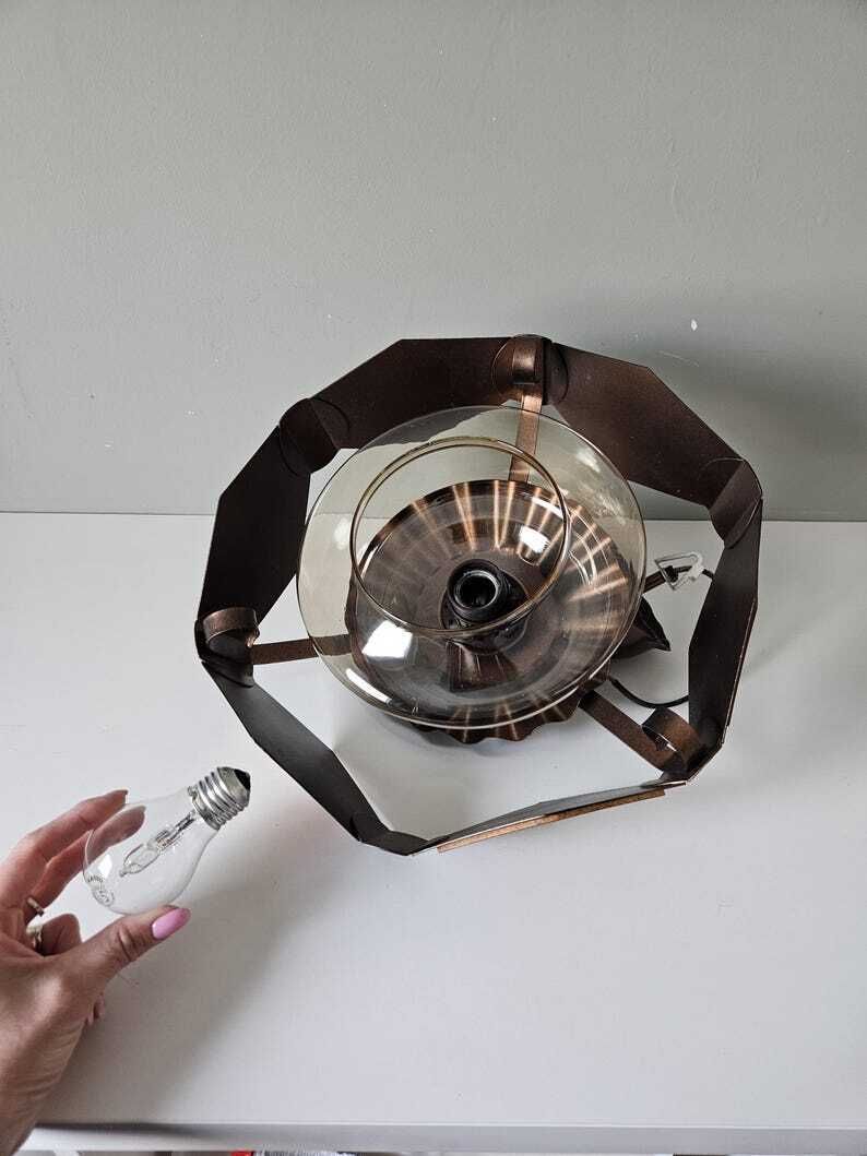 Vintage Ceiling Light, Brutalist Wood Copper Pendant Light, Glass Chandelier, Mid Century Modern Lamp, Rustic Lamp, Retro Lighting photo buy