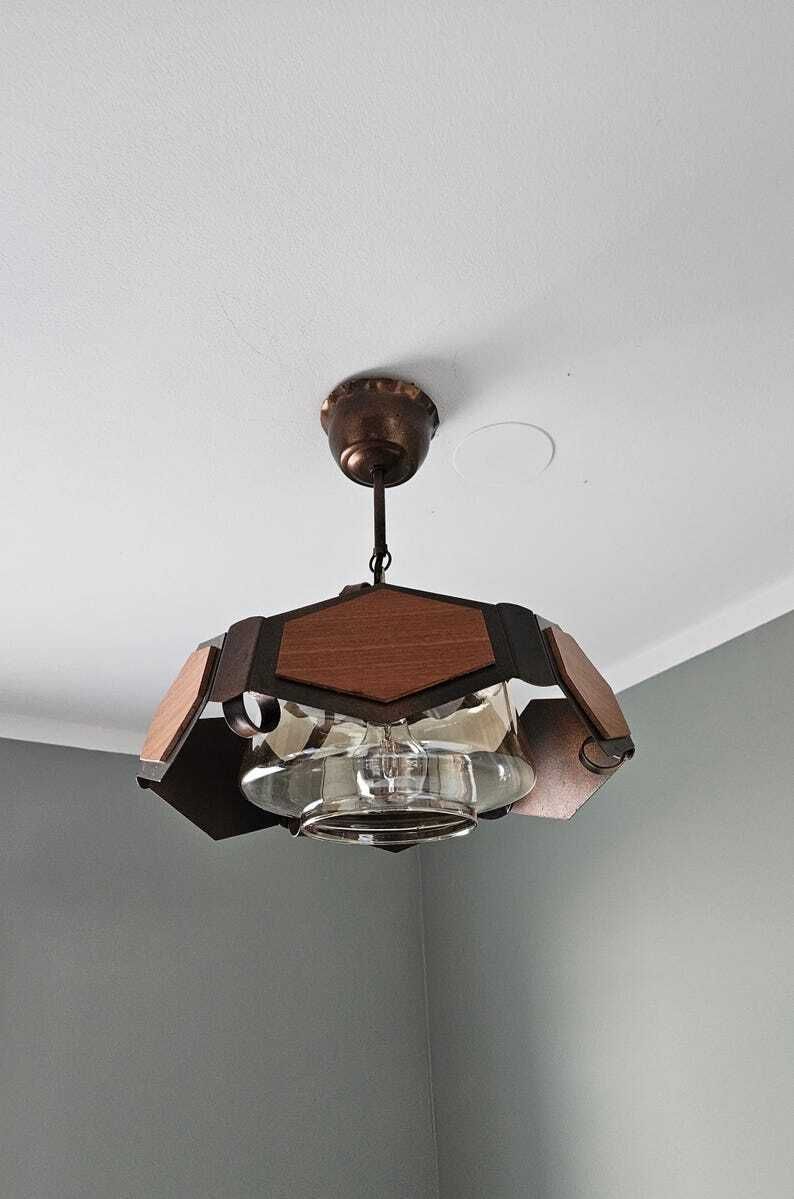 Vintage Ceiling Light, Brutalist Wood Copper Pendant Light, Glass Chandelier, Mid Century Modern Lamp, Rustic Lamp, Retro Lighting photo vintage