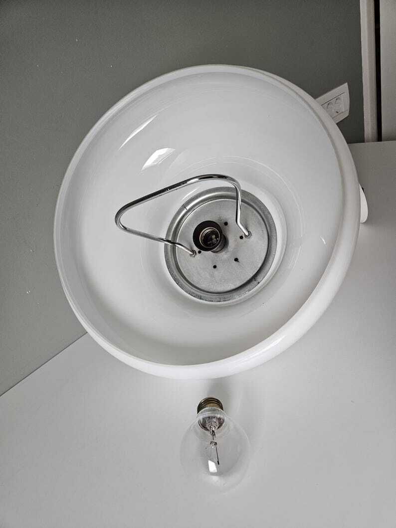 photo furniture Vintage Pendant Light, White Glass Ceiling Light, Hanging Lamp, Space Age Lamp, Retro Lamps, Yugoslavia 70's, Mid Century Modern
