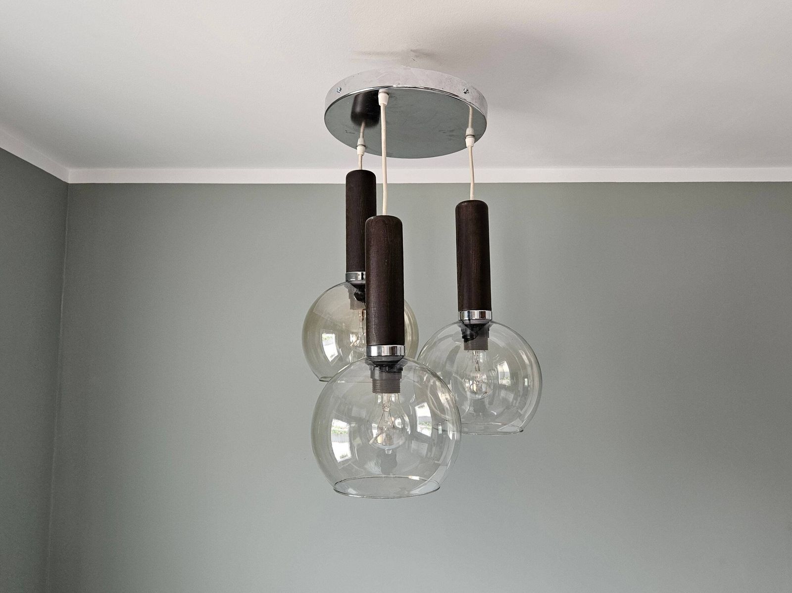 Mid Century Modern Pendant Lamp, Cascade Lamp, Space Age Ceiling Light, Yugoslavia 70's, Mcm Light Fixture, Glass Wood Vintage Chandelier photo 288.0