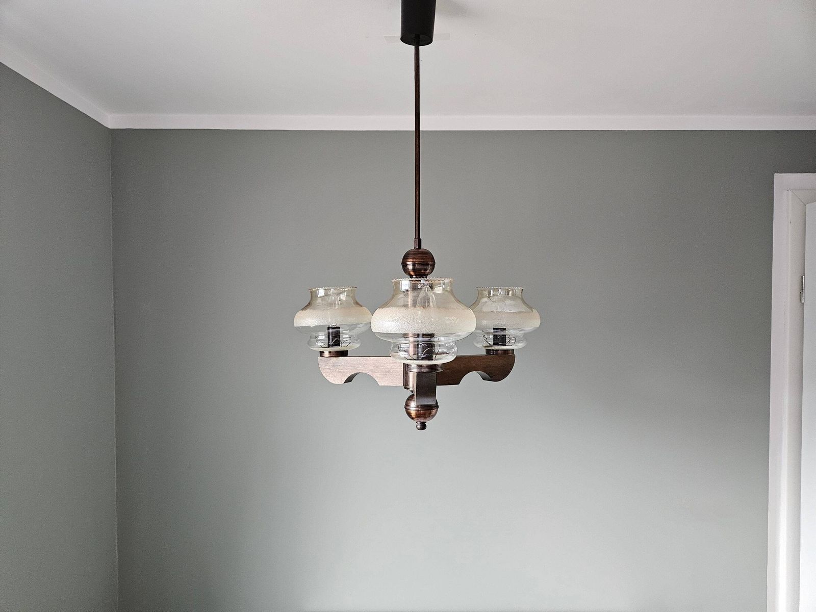 Mid Century Modern Ceiling Lamp, Amber Glass Globe Chandelier, Pendant Light, Copper And Wood, 70s Yugoslavia, Vintage Light, Mcm photo Lighting