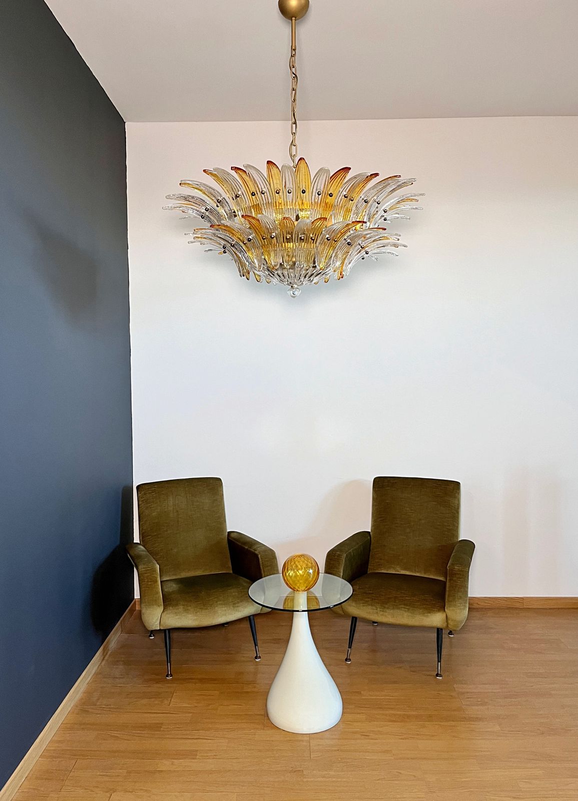 Murano Chandelier Original Palmette, Two Levels, 82 Amber And Clear Glasses photo furniture